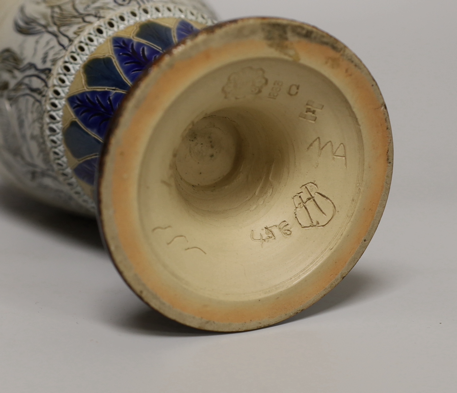A Hannah Barlow Doulton Lambeth stoneware vase, decorated with horses, stamped and numbered 1883 to the base, 27cm high